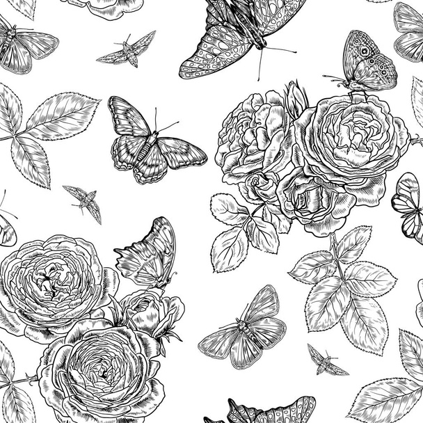 Vintage butterfly and roses vector seamless background. - Vektor, Bild