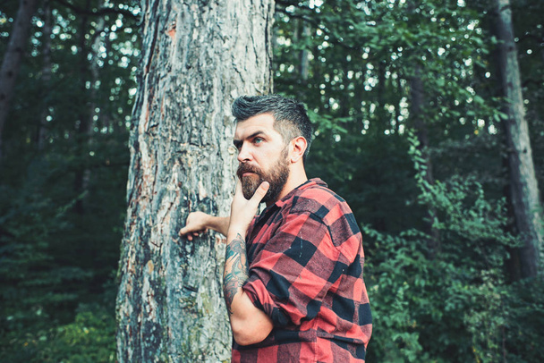 Hombre barbudo en el bosque. Hombre barbudo con barba larga en el paisaje verde natural
. - Foto, imagen
