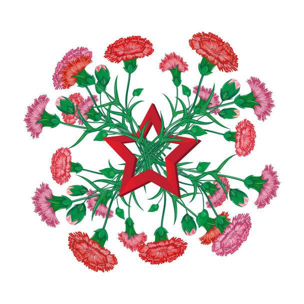 roter Nelkenstrauß mit Georgsband und Sowjetstern bis 9. Mai, russischer Nationalfeiertag Grußkarte oder Banner mit Vektorblumen Illustration isoliert auf weiß - Vektor, Bild