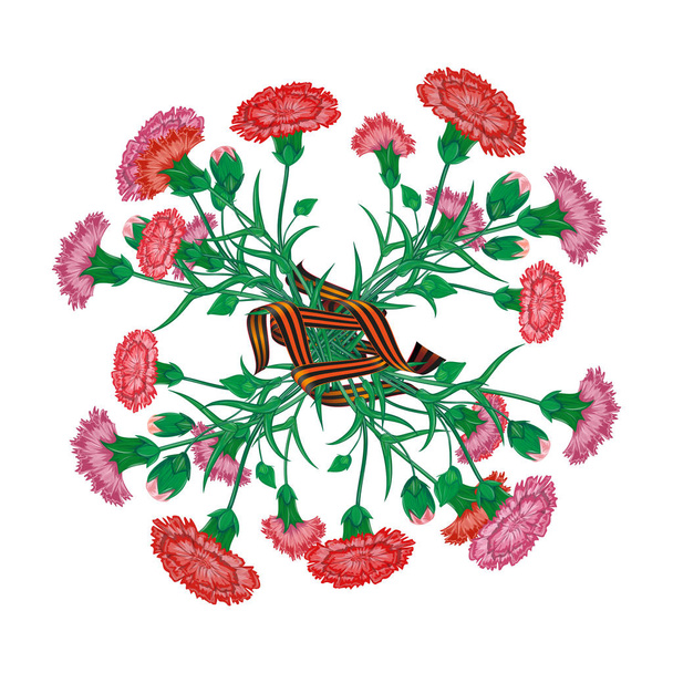 Czerwony bukiet goździków z Saint George wstążki do 9 maja dzień zwycięstwa rosyjski święto narodowe święto życzeniami plakat lub banner z wektor ilustracja kwiaty na białym tle - Wektor, obraz