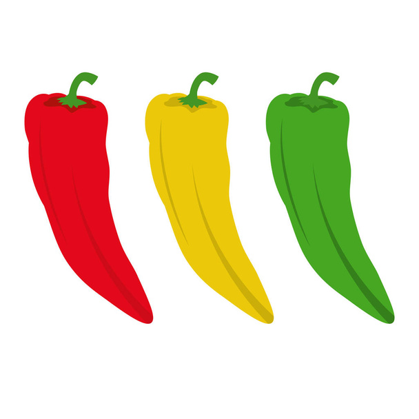 Три перці чилі ізольовані. Червоний, жовтий і зелений перець чилі. Білий фон
. - Вектор, зображення