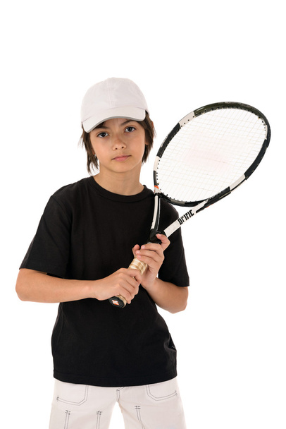 portrait of a handsome boy with a tennis racket isolated on whit - 写真・画像