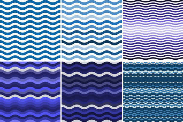 Set 6 seamless pattern with colorful blue waves. - Vector, Image