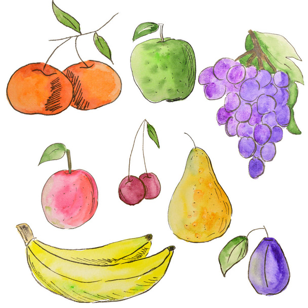 Watercolor set of fruits. Bright types healthy food. Vegetarian food - Foto, immagini