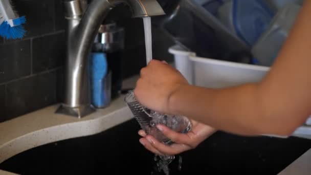 混合民族性アフリカ系アメリカ人の女性のクローズアップキッチンのシンクでガラスコップを洗って洗い流し、白いプラスチック製の乾燥ラックに置く. - 映像、動画