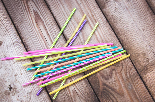 Plastic free concept, plastic straws on wooden background - Photo, Image