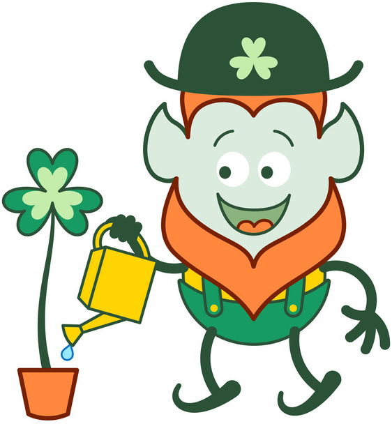 Ylpeä Pyhän Patrickin päivä menninkäinen, jolla on punainen parta, terävät korvat ja perinteinen hattu, shortsit ja henkselit hymyilevät innokkaasti samalla kun kastellaan kaunista suurta apilaa kattilassa, jossa on purkki.
 - Valokuva, kuva