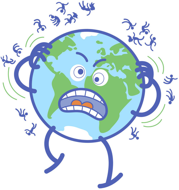 Planet Earth in minimalist cartoon style feeling desperate while scratching and expelling people to the space. It has crazy eyes and yells uncontrollably. Several humans are floating around the planet - Photo, Image