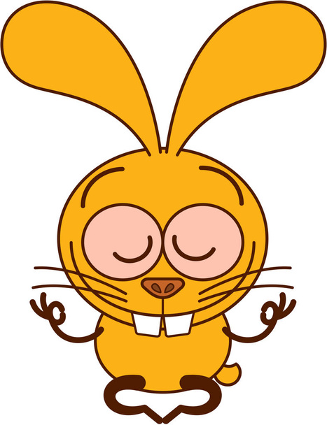 Гарний жовтий кролик з довгими вухами і великими зубами, що розслаблюють медитацію в сидячому положенні. Він тихенько посміхається, роблячи знак "Gyan mudra" обома руками. - Фото, зображення