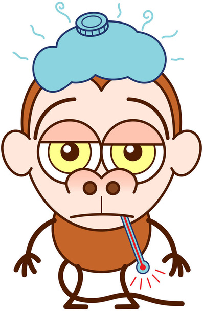 Cute brown monkey in minimalist style with big rounded ears, bulging eyes and long tail while having a thermometer in its mouth, an ice pack above its head, showing a sad mood and feeling sick - Photo, Image