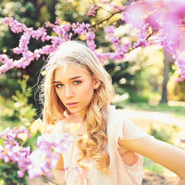 Girl on dreamy face, tender blonde near violet flowers of judas tree, nature background. Spring bloom concept. Lady walks in park on sunny spring day. Young woman enjoy flowers in garden, defocused. - Photo, image