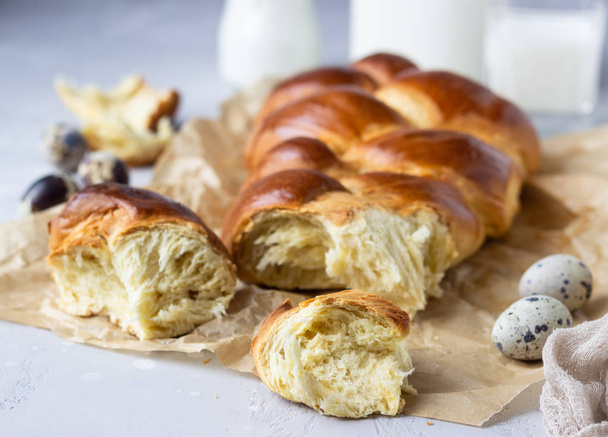Traditional Easter bread (Challah or  Cozonac). Freshly baked sweet braided bread loaf.  - Photo, Image