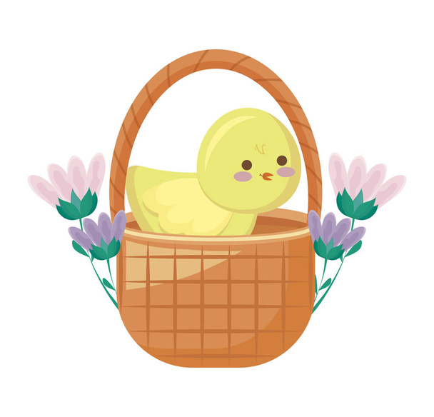 cute chicken in basket with flowers - Вектор, зображення