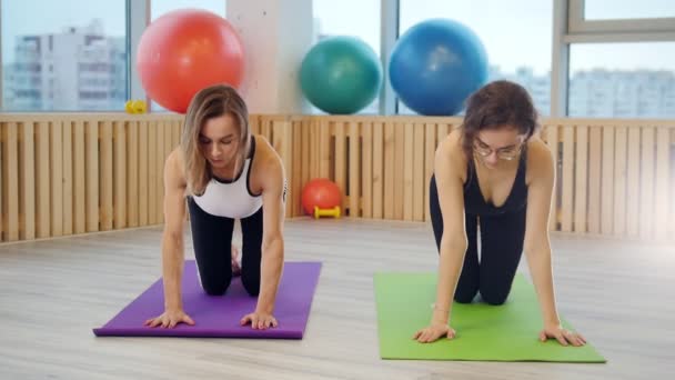 junge Frauen beim Yoga im Studio. Übungen für die Beine. Das Gleichgewicht halten - Filmmaterial, Video