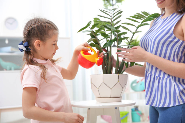 Child with toy watering can helping mother to take care of houseplant at home. Playing indoors - Фото, изображение