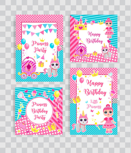 Happy birthday set greeting or invitation cards for a little princess in lol doll surprise style. Template for your design with princess, her pet pony and accessories. Vector illustration - Vector, Image