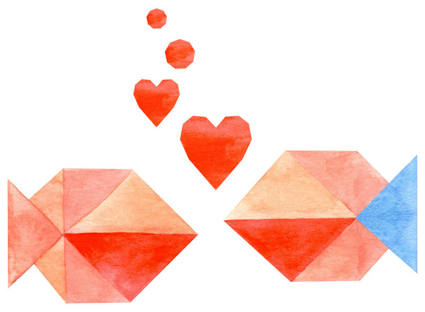 Ακουαρέλα με origami ψάρια στην αγάπη με τις καρδιές και αέρα φυσαλίδες. Απομονωθεί σε λευκό φόντο. Εικονογράφηση. - Φωτογραφία, εικόνα