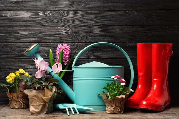 Composition with plants and gardening tools on table against wooden background - Foto, Bild