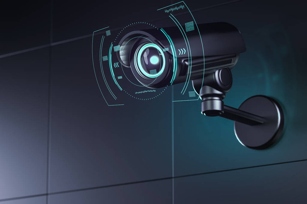 Câmera de vigilância na parede com interface futurista em torno de sua lente enquanto analisa os arredores. Renderização 3D
 - Foto, Imagem