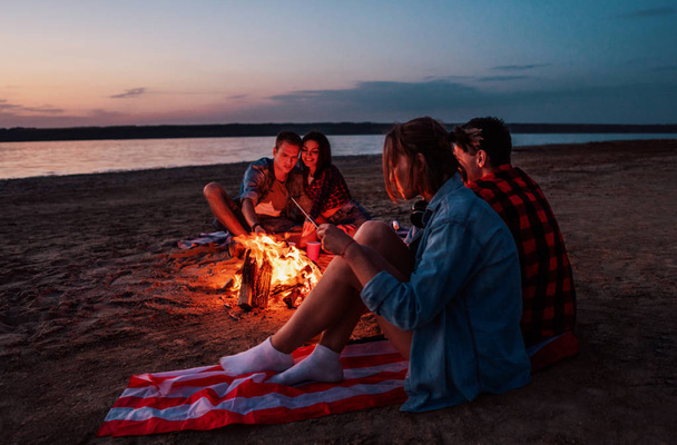 Nuoret ystävät ovat piknik kokko rannalla
 - Valokuva, kuva