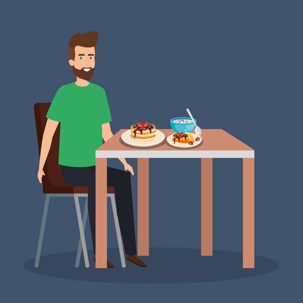 casual man eating pancakes and cereal - Vector, Image
