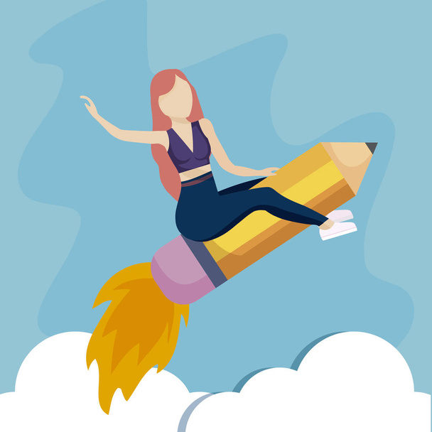 mujer volando en lanzacohetes con lápiz
 - Vector, imagen