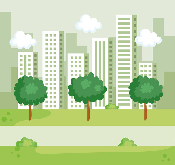arbres naturels avec buissons et paysage urbain de construction
 - Vecteur, image