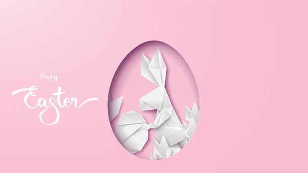 3D-s papír vágott ábra a húsvéti nyúl, a fű, a virágok és a tojás alakú. Boldog húsvéti modern üdvözlőlapsablonba. -Vektor - Vektor, kép