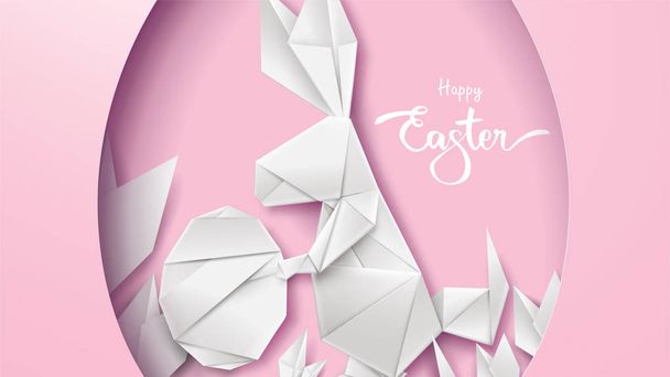 3D-s papír vágott ábra a húsvéti nyúl, a fű, a virágok és a tojás alakú. Boldog húsvéti modern üdvözlőlapsablonba. -Vektor - Vektor, kép