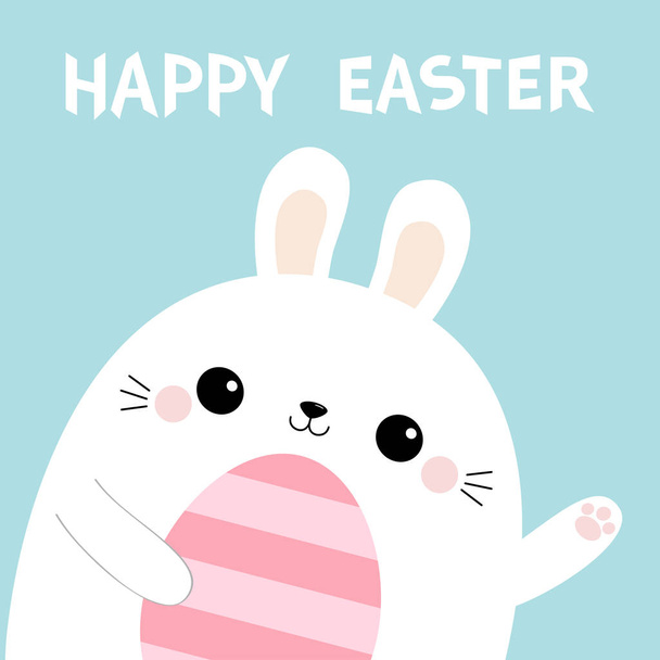 Happy Easter. Rabbit bunny head face holding painting egg. Waving paw print hand. Cute cartoon kawaii funny baby character. Farm animal. Blue pastel background. Flat design - Vector, imagen
