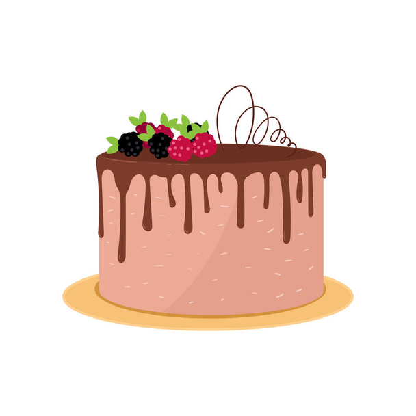 Big round birthday or wedding cake with chocolate top, cream decor, berries on white - Vecteur, image