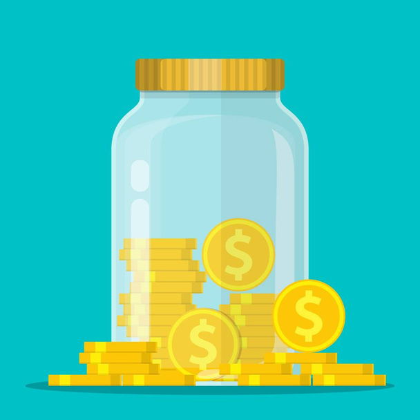 Money Jar. Saving dollar coin in jar. - Vector, Image