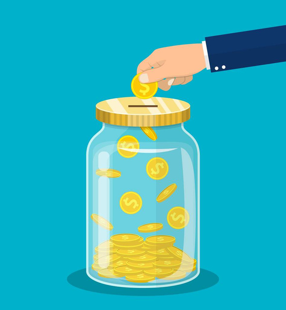 Hand throws a gold coin in the jar - Vector, Image