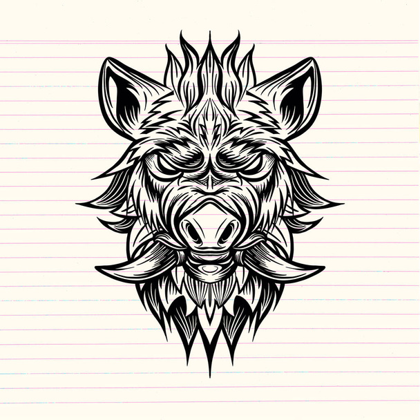 Kuviollinen villisian pää. Sika. Sikoja. Vuoden 2019 symboli. Tattoo desig
 - Vektori, kuva