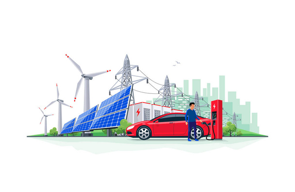 Laden von Elektroautos aus Batteriespeichern erneuerbarer Energien - Vektor, Bild