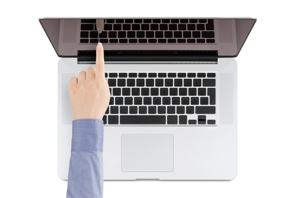 widok z góry siatkówki nowoczesny laptop ręką kobiety. - Zdjęcie, obraz