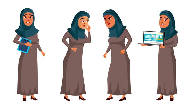 アラブ、イスラム教徒の十代の少女は、ベクトルを設定します。顔。オフィス マネージャーの人。Web、パンフレット、ポスター デザイン。孤立した漫画の実例 - ベクター画像