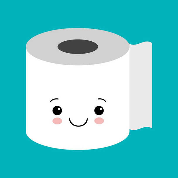 Vicces boldog aranyos mosolygós WC-papírt. Vektor lapos rajzfilmfigura illusztráció ikonra. Izolált kék háttér - Vektor, kép
