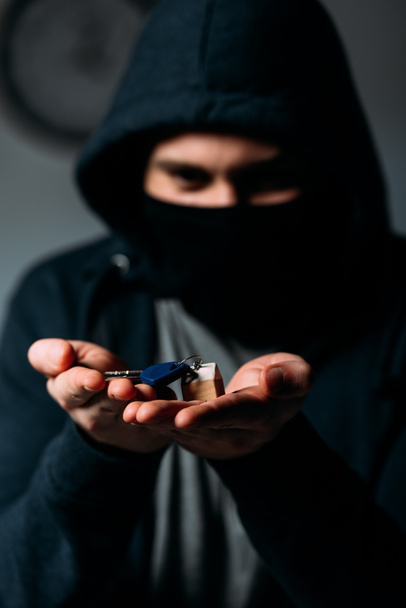 Criminoso com capuz preto e máscara mostrando chaves na câmera
 - Foto, Imagem