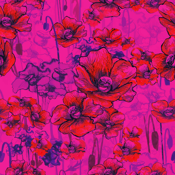 pattern with red poppies flowers - Foto, afbeelding