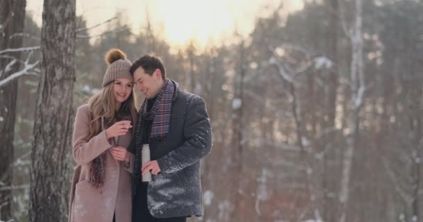 Happy couple holding hot tea cups over winter landscape. Young couple in love on a winter vacation, standing next to a tree and drinking hot cup of tea - Footage, Video