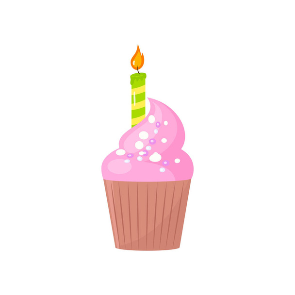 Sweet brownie cake with one candle and cream decor on white background - Vector, Imagen