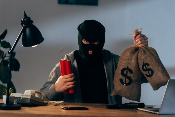 Terrorist in mask holding dynamite and money bags in room - Fotografie, Obrázek