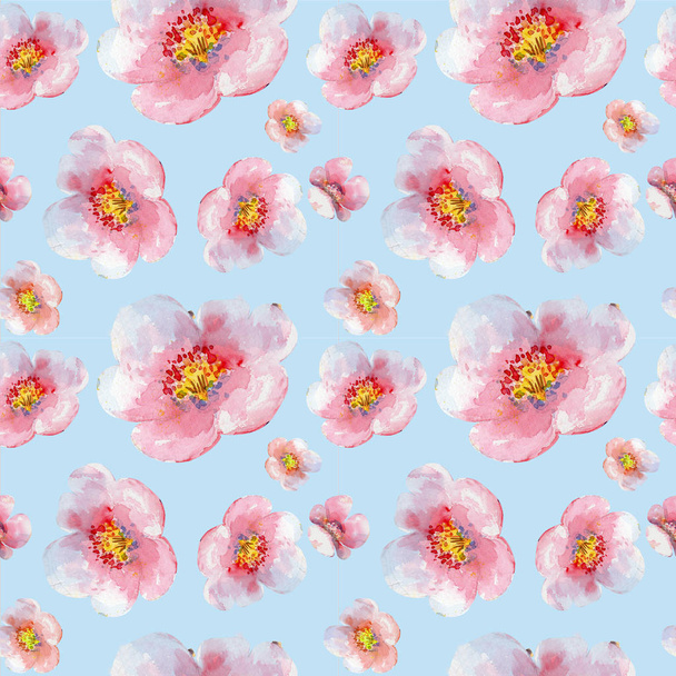Beautiful seamless pattern with cherry blossom on a blue background in watercolor .  - Photo, Image