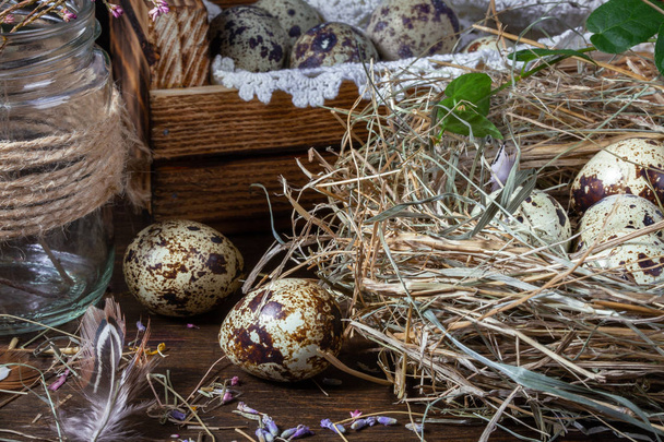 Cute still life with quail eggs. Easter still life - Photo, image