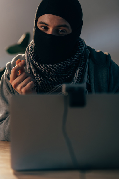 fröhlicher Terrorist in Maske blickt auf Webcam und zeigt Geld-Geste - Foto, Bild
