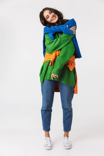 Full length image of caucasian woman 30s in colorful clothes smi - Fotó, kép