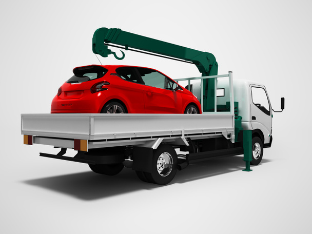 Λευκό έλκει φορτηγό με πράσινο γερανός φορτώνεται με κόκκινο αυτοκίνητο δεξιά si - Φωτογραφία, εικόνα