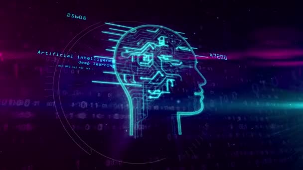 Hologramme de forme de tête d'intelligence artificielle sur fond numérique. Apprentissage profond, IA et animation conceptuelle abstraite du cerveau cybernétique
. - Séquence, vidéo