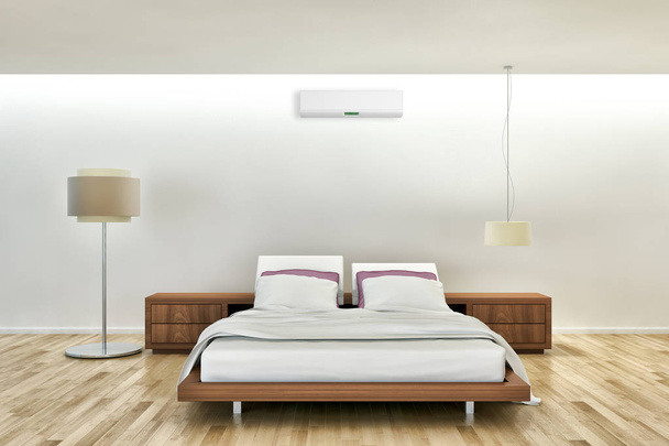 Moderno quarto de cama brilhante com ar condicionado interiores 3D renderização ilustração
 - Foto, Imagem